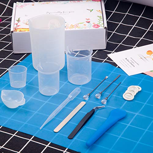 Moi Doi 45PCS Resin Mixing Cups Tools Kit, Graduated Plastic Silicone Measuring Cups, with Pipettes Mixing Stir Sticks Finger Cots Tweezer Silicone Mat for DIY Resin Casting Painting Jewelry Making
