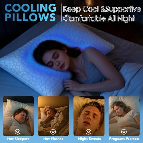 Cooling Memory Foam Pillows Queen Size Set of 2, Adjustable Shredded Foam Bed Pillows for Sleeping, Soft Support Pillows for Side & Back Sleepers with Breathable Dual-Sided Bamboo & Cooling Fabric