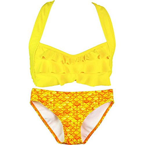 Fin Fun Mermaid Girls Sea Wave Bikini Set, Mermaiden Swimwear (Girls' Medium, Tropical Sunrise/Yellow)