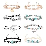 FUNRUN JEWELRY 8PCS Starfish Turtle Shell Anklet for Women Girls Handmade Multilayer Anklet Bracelet Adjustable Beach Foot Jewelry