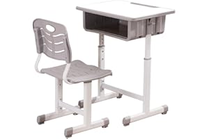 ShowMaven Student Desk and Chair Combo, Height Adjustable Children's Desk and Chair Workstation with Drawer, Pencil Grooves and Hanging Hooks for Home, School and Training (Light Grey&White)