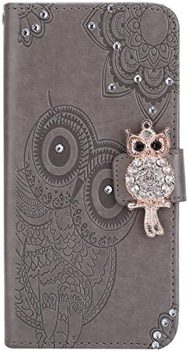 Jinghuash Flip Leather Case Compatible with Samsung Galaxy S9 Plus,Embossing Owl Pattern Design [Kickstand] [Card Slots] Luxury Bling Glitter PU Leather Wallet Cover for Samsung Galaxy S9 Plus,Gray