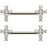 Pierced Owl 14GA Stainless Steel CZ Crystal Cross Ends Nipple Barbells, Sold as a Pair