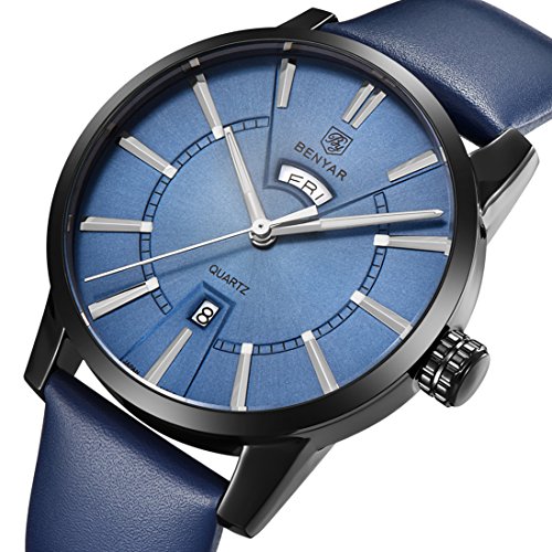 BENYAR Men's Watch Blue Dialing Casual Fashion Business Sports Design Date Waterproof Week Quartz Watches Blue Leather (Black Blue)