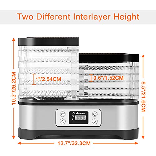 Electric Food Dehydrator Machine, Godmorn Multi-Tier Food Preserver with Digital Timer & Temperature Control from 95ºF to 158ºF for Beef Jerky, Dried Fruits, Vegetables & Nuts, 5 Stackable Drying Tray