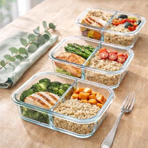 Kit com 5 Marmitas de Vidro com Divisória 1040ml - Potes Herméticos com Tampa e 2 Compartimentos - Ideal para Meal Prep Fitness - Vai ao Microondas, Forno e Freezer