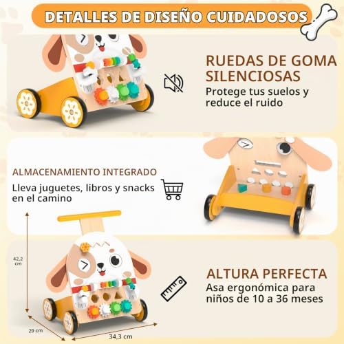 Andador de Madera Perro Montessori 6 en 1, Correpasillos