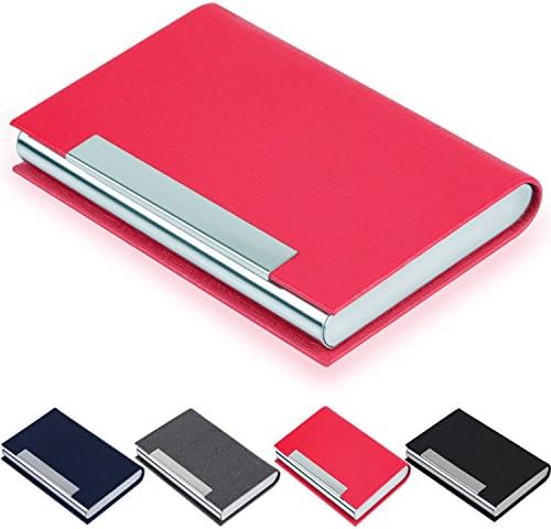 Business Card Holder, JuneLsy Business Card Case Luxury PU Leather and Stainless Steel Card Holder for Men and Women with Magnetic Shut Keep Business Cards Clean (Rose Red)