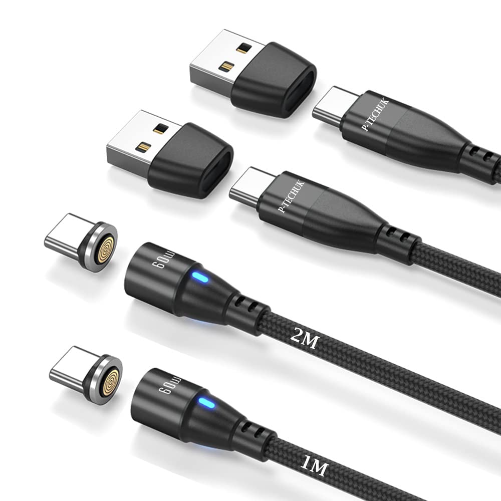 P-TECHUK 60W Super Fast USB C Magnetic Charging Data Cable, 6 in 1 PD Fast Charging Cable compatible with all Type C Devices. A18 Black (1M + 2M Cables, 2 x Type C Tips)