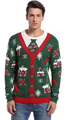 Daisysboutique Men's Christmas Holiday Fake Cardigan Sweater Cute Elf Ugly Pullover (Large, Fake Cardigan)