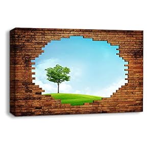 Canvas Wall Art Tree View Shot Through Bricks Painting Artwork for Home Prints Framed - 12x18 inches
