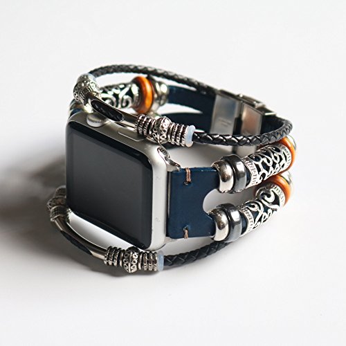 Buyeverything for Apple Watch 44mm Bands - Vintage Braided Classic Leather Bracelets Replacement Band Adjustbable Wristband Straps Accessories for Apple Watch Series 4 44mm Women Men (Blue) - Thumbnail 3