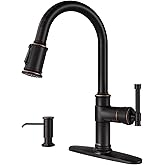 Antique Oil Rubbed Bronze Kitchen Sink Faucet with Soap Dispenser, DAYONE Pull Down Farmhouse Faucet for Sink with 3 Mode Sprayer, Single Handle High Arc, DAY-APS136-ORB