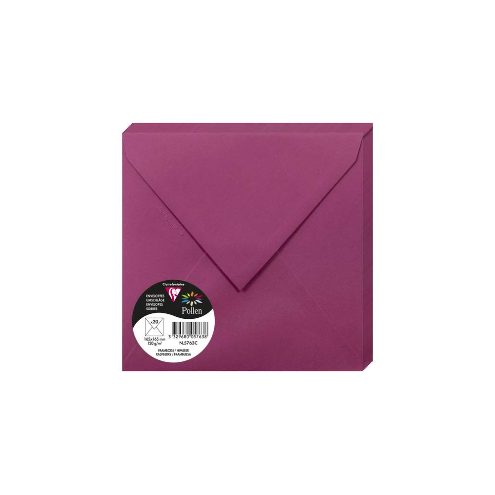 Clairefontaine 5763C Pack of 20 Gummed Envelopes Square Format 16.5x16.5cm 120g/m² Raspberry Colour Invitation Event Correspondence Pollen Range Premium Paper — image 1