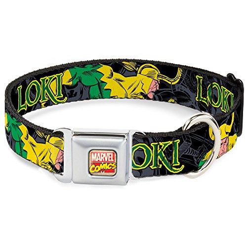 Buckle-Down 9-15" MARVEL COMICS LOKI in Action Black/Gray/Yellow/Green Dog Collar, Small