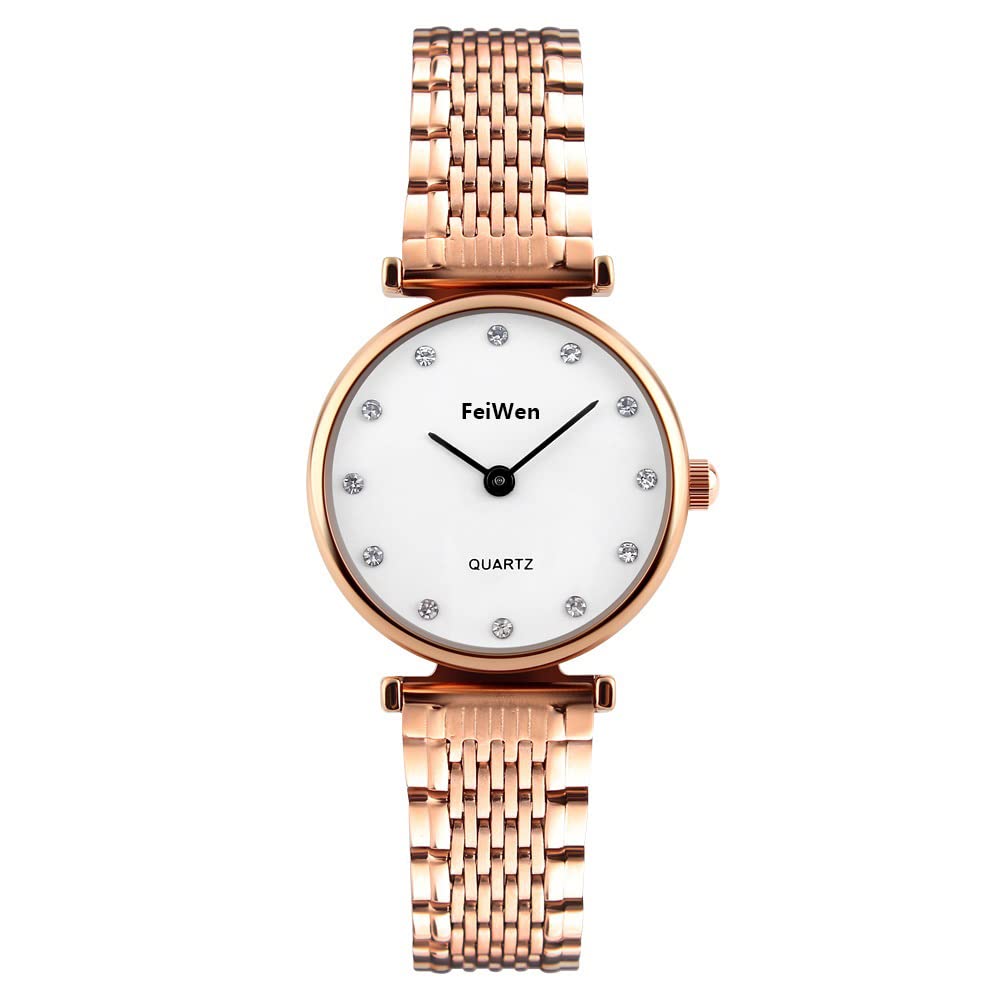 FeiWen Fashion Luxurious Women's Analog Quartz Stainless Steel Watches Simple Design Ultra Thin Dial Crystal Scale Classic Casual Business Dress Wristwatches (Gold)