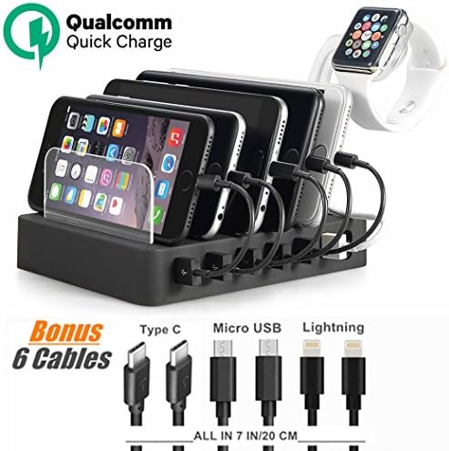 Charging Station Dock & Organizer Hub with QC 3.0 Quick Charge,iWatch Holder,6 Port Docking Station Stand for Smartphones,iPhone,iPad,Samsung,LG,Nexus,Tablet,Kindle (6 Cable Included)