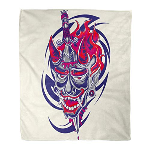 Emvency 50" x 60" Super Soft Throw Blanket Colorful Devil Japanese Demon Face with Dagger and Tribal Tattoo Design Drawing Home Decorative Flannel Velvet Plush Blanket