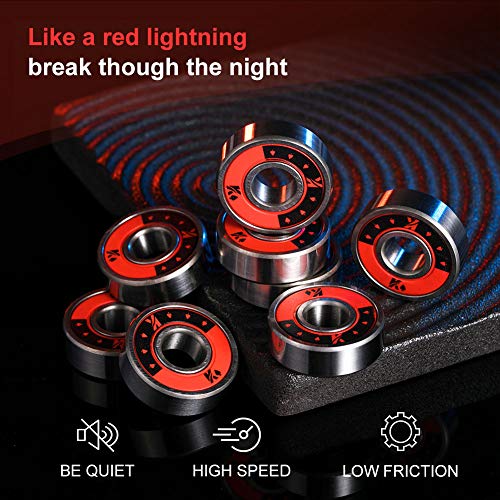 KVENI Premium Skateboard Bearings, 608-2rs Ceramic Ball Bearing - Pro Longboard Bearings for Quad Skate, Inline Rollerblades, Scooters, Spinners, ABEC, 8 Pack (Red)