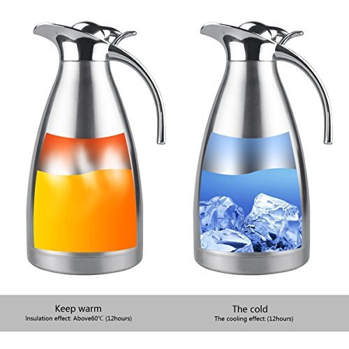 Thermal Carafe Stainless Steel Double Wall Vacuum Insulated 68 Oz Large Capacity Tea/Water Pitcher with Press Button Silver-JUNING