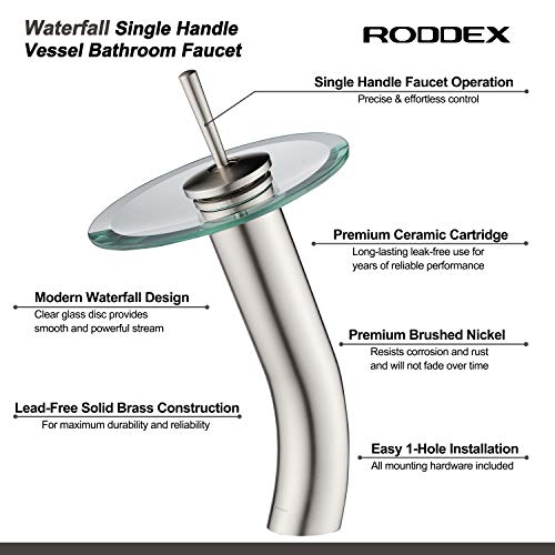 RODDEX Waterfall Bathroom Faucet Glass Single Handle Solid Brass Basin