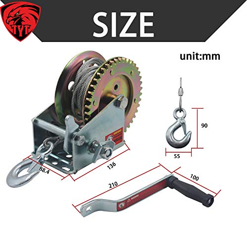 TYT 1600lb Boat Trailer Winch, Heavy Duty Hand Winch with 8M(ft) Steel Wire Cable and Pawl, Handle Crank Manual Winch for ATV SUV Boat Trailer Use Pulling Winch - Image 3