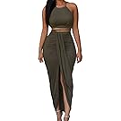 HUUSA Womens Sexy Cotton Sleeveless Slit Two Piece Maxi Skirt Set
