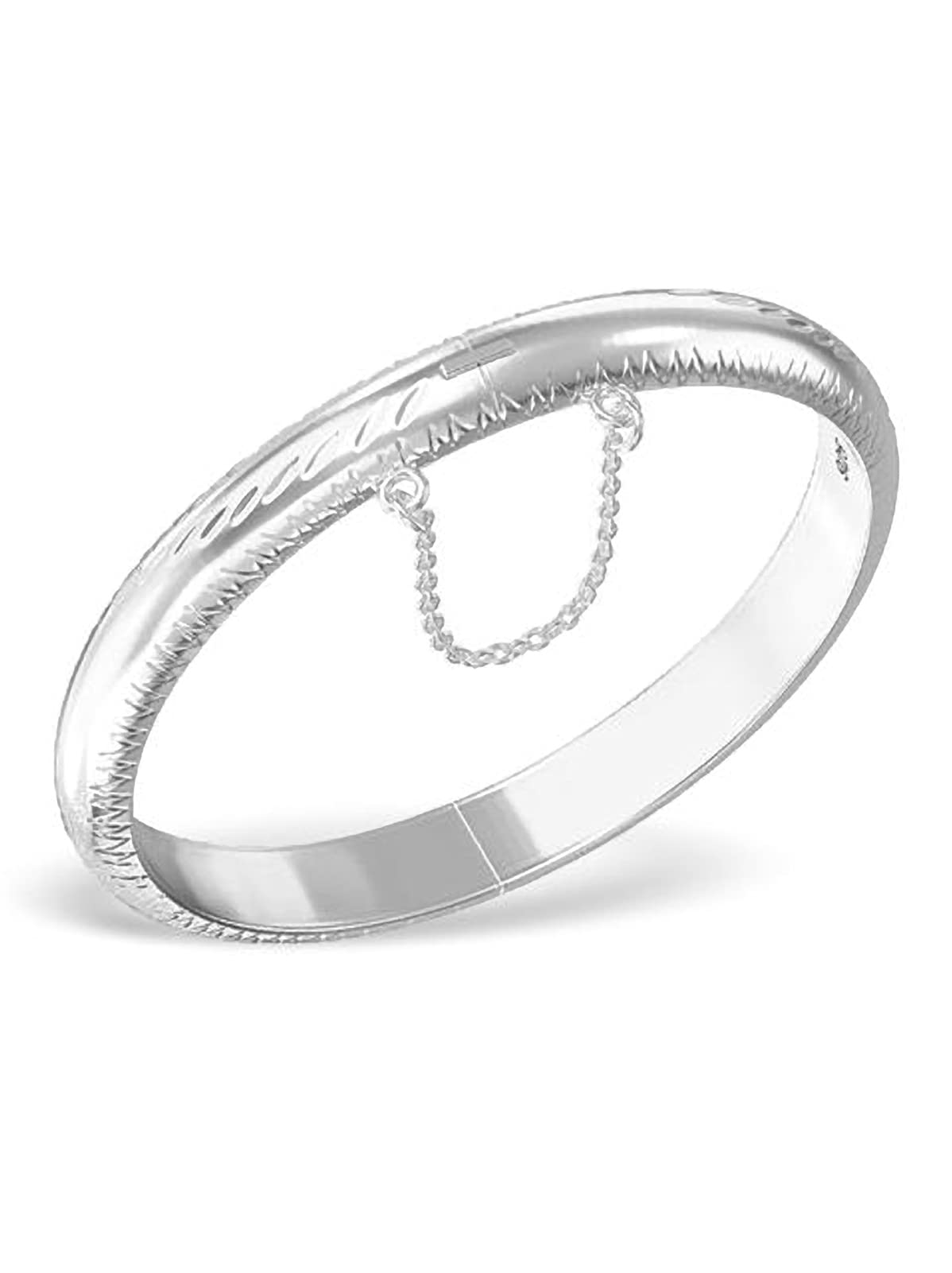 Designer Inspirations Boutique 4MM Wide Round Diamond Cut Engraved/Etched Pattern Hinged Bangle Bracelet With Safety Chain for Baby/Child/Children/Women - 925 Sterling Silver - Size: BABY (Small)
