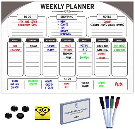 Magnetic Weekly Meal Planner | A3 Dry Erase Chore Planner, Meal Planner, Event Planner With Magnetic Eraser, 4 Magnetic Markers, 4 Magnetic Buttons, 100 Video Recipes. Perfect Daily Planner