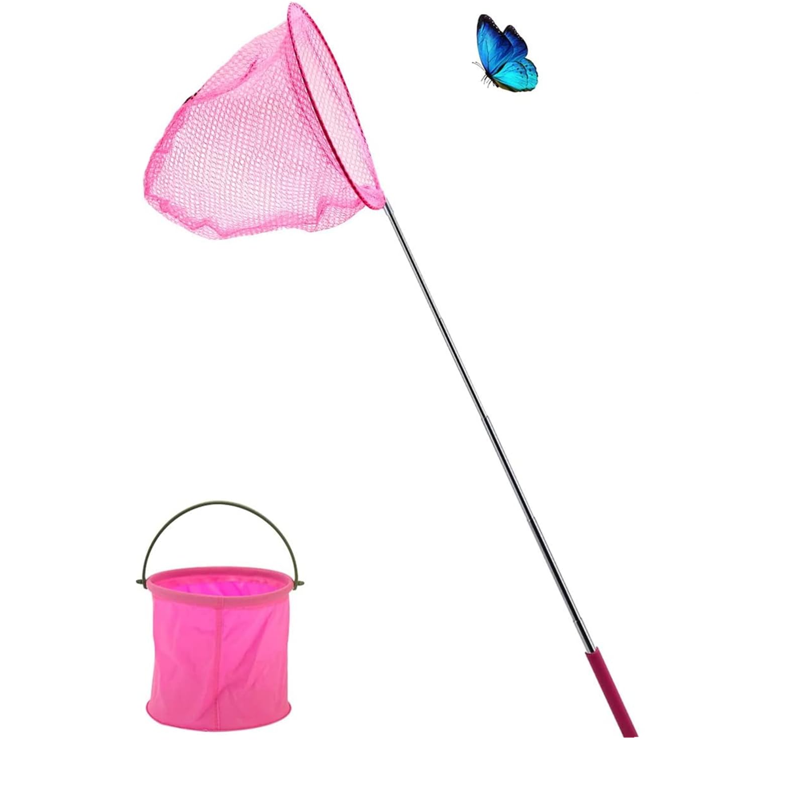 Teogneot 1 Pack Telescopic Butterfly Nets, Extendable Fishing Nets with 1 Folding Water Buckets for Catching Insects Bugs Playing Outdoor，Pink