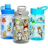 Home Tune 3 Pack 16oz Kid Water Drinking Bottle - BPA Free, Flip Straw Cap, Carry Loop, Chug Lid, Wide Mouth, Lightweight, Leak-Proof Water Bottle with Cute Design For Girls & Boys - Animals