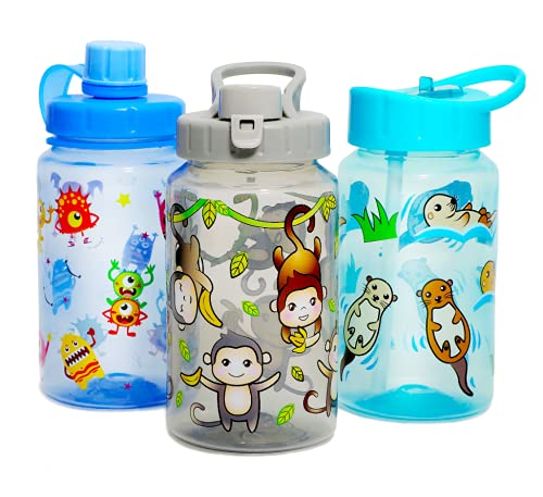 Home Tune Kids Water Drinking Bottle (470ml)- BPA Free, Flip Straw Cap, Carry Loop, Chug Lid, Wide Mouth, Lightweight, Leak-Proof Water Bottle with Cute Design For Girls & Boys - 3 Pack Animals