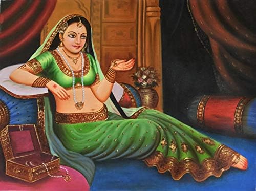 Rajasthani Jewelry Damsel Painting Handmade Indian Oil on Canvas Wall Decor Art