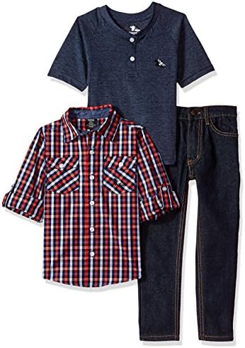 American Hawk Toddler Boys' Long Sleeve Shirt, T-Shirt and Pant Set (More Styles), Multicolor Plaid-HX02, 3T