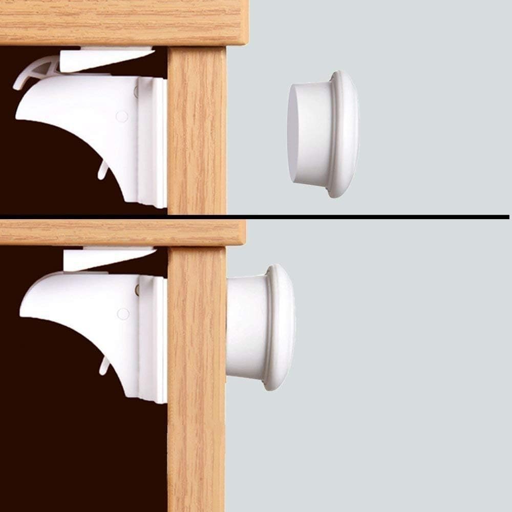 Safe Living Child Safety Magnetic Cupboard Locks - Drawers and Kitchen Cabinet Latch Catches Plus 2 Foam Finger Pinch Door Stopper Slam Guards For Baby Proofing Your House - No Tools Or Screws Needed