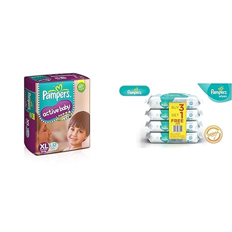 Pampers Active Baby Diapers, Extra Large (32 Count) & Pampers Fresh Clean Baby Wipes - 64 Wipes/Pack (Buy 3 Packs Get 1)