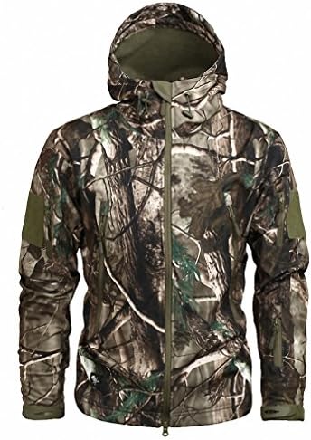 Camouflage Military Men Hooded Jacket, Sharkskin Softshell US Army Tactical Coat, Multicamo, Woodland, A-TACS, AT-FG BIO XS