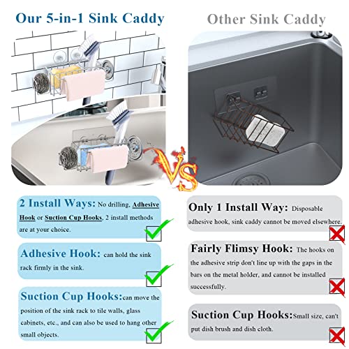 5-in-1 Sponge Holder for Kitchen Sink, GEEKBOY Adhesive Kitchen Sink Caddy Organizer, SUS304 Stainless Steel Rust Proof, No Drilling with 2 Strong Suction Cups