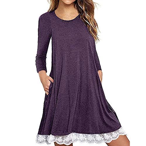 Toponly Women's Long Sleeve Pleated Loose Swing Casual Dress with Pockets Knee Length Purple - Thumbnail 4