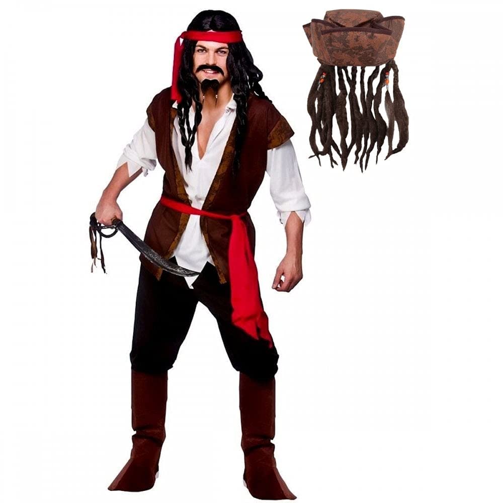 A2ZFD Adult Mens Caribbean Captain Jack Pirate Fancy Dress Costume + Hat With Hair & Beads (Men: Small)