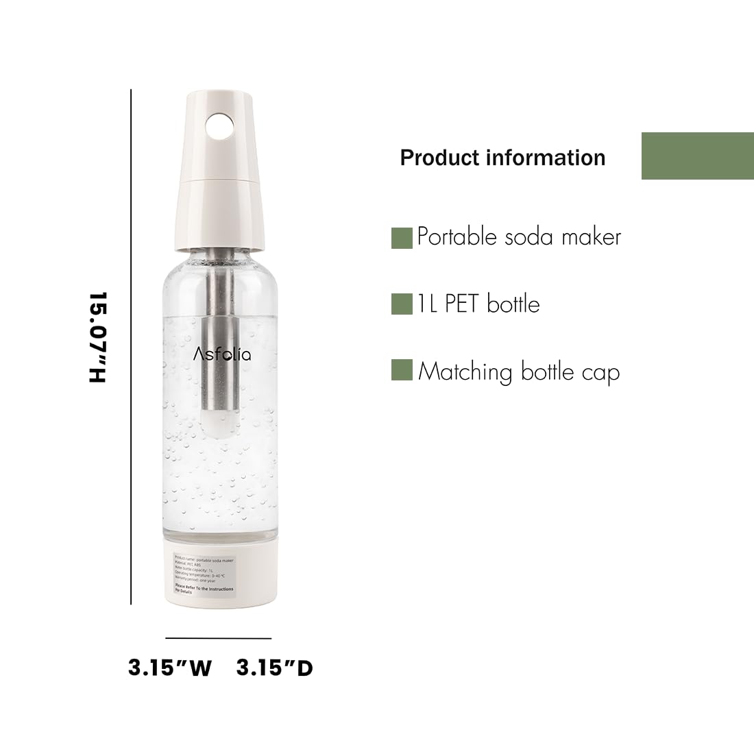 Asfolia Portable Sparkling Water Maker - Travel Soda Maker for Home & Outdoor, 1L Carbonating Bottle, 10 pcs CO2 Cylinders, Compact Carbonated Water Machine for Flavored Drinks, Soda Machine (White)