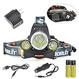 BORUIT RJ-5000 6000 Lumens Bright Headlight Headlamp Flashlight Torch CREE XM-L2 3 T6 3T6 LED with Rechargeable Batteries & Wall Charger for Hiking Camping Riding Fishing Running Hunting
