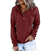 Dokotoo Womens 2025 Hoodies Button Collar Drawstring Hooded Pullover Sweatshirt Casual Long Sleeve Tops Shirts