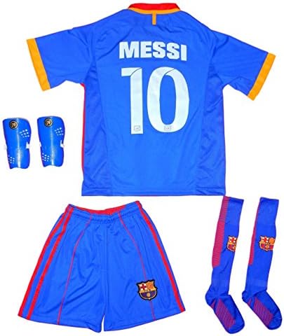 Lionel Messi #10 FC Barcelona Jersey 2017-2018, Shorts, Soccer Socks, and a pair of gift shin guard. Sizes for children and youth. (M, Home)