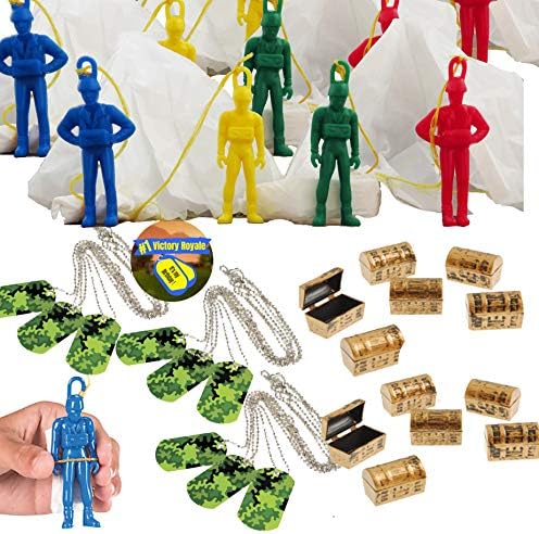 Video Gamer Birthday Party Favors for 12 - Paratroopers (12), Camo Dog Tags (12), Mini Treasure Chests (12), and Gamer Party Sticker (Total 37 Pieces) (Green Dog Tags)