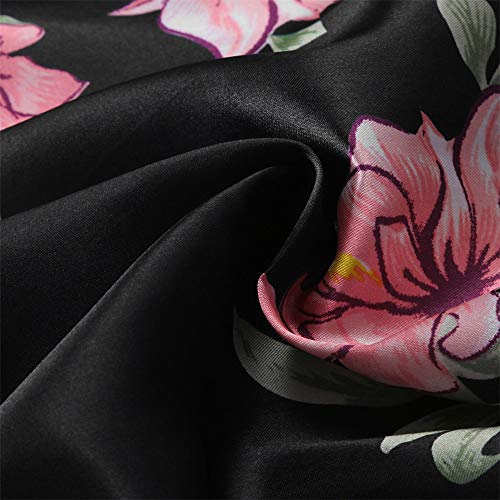 CofeeMO Women's Floral Print Kimono Silk Satin Pajamas,Fashion Lace Half Sleeve Ladies Long Sleepwear(Black,M)