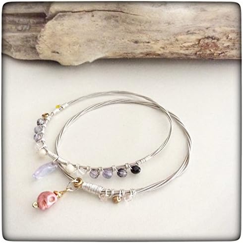 Musically Inspired Wire Wrapped Guitar String Bangle Bracelet Set - Czech Crystal - Collectable - Stackable - Vegan - Eco Friendly - Ready to ship