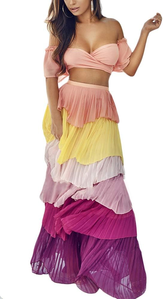 Cosygal Women's Ruffle Tiered Pleated Chiffon Crop Top Maxi Skirt Set Two Piece Outfit Dress Orange X-Large