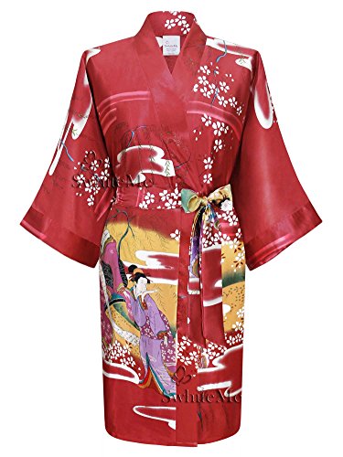 Swhiteme Women's Kimono Robe, Short, One Size, Geisha, Crimson