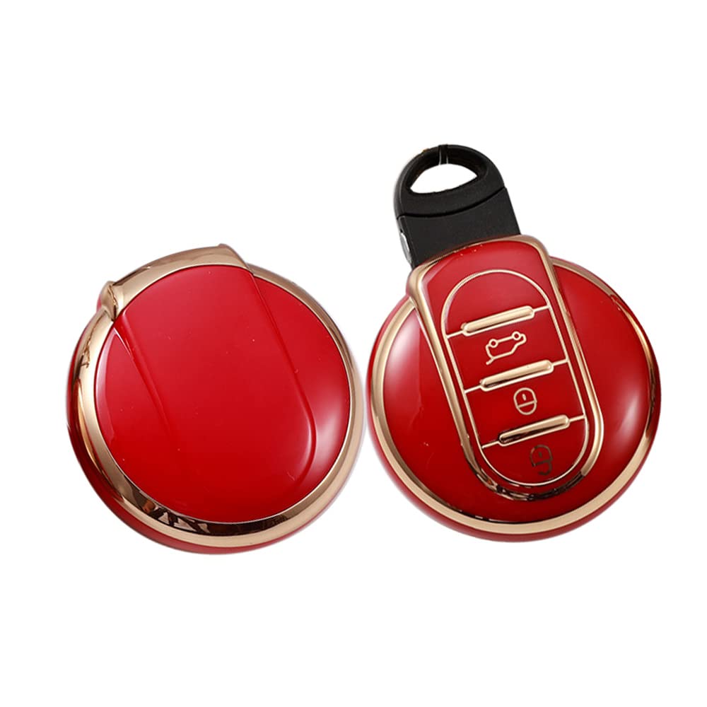 HIBEYO Smart Car Key Case Fits BMW Mini Cooper Key Case TPU Protective Cover for Mini F54 F55 F56 F57 F60 Cabrio Clubman Works Countryman Key Box Key Case 3 Button Gold Red
